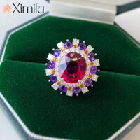 ♥ Sang Trọng Nguyên Bản Sang Trọng Thạch Anh Tím Nhẫn Rubellite Girls Trang Sức Đá Quý Nhiều Màu Sắc