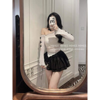 [ Sẵn_Hot ] Sét Áo Thun Tăm Body Nữ Dài Tay Trễ Vai Vạt Lệch Mix Chân Váy Tầng Xòe Lót Trong, Áo Tay Dài Xẻ Đính Nơ