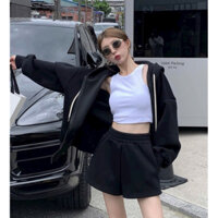 💗 Set 3 món: khoác nón + áo croptop ba lỗ trắng + quần short đen 💗