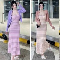 🛒 Set Áo Khoác Croptop Tay Dài Và Đầm Kẻ Sọc Phối Màu - Hai Dây Cổ Vuông - Dài Maxi Ôm Body Sexy - Tiểu Thư Bánh Bèo