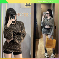 👗 Set Áo LV Croptop Có Mũ Rút Eo Tay Dài Giả Váy – Bộ Nữ Hot Trend Chất Cotton Dày Dặn Mùa Thu Đông