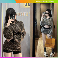 👗 Set Áo LV Croptop Có Mũ Rút Eo Tay Dài Giả Váy – Bộ Nữ Hot Trend Chất Cotton Dày Dặn Mùa Thu Đông