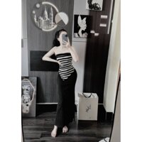 🛒 Set Áo Ống Kẻ Sọc Ngang Vạt Nhọn Phối Nút Dọc 1 Bên Và Chân Váy Xòe Đuôi Cá - Dài Maxi Ôm Body Sexy Tiểu Thư Bánh Bèo