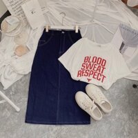 💙 Set áo pull + chân váy jeans dài xẻ tà 💙