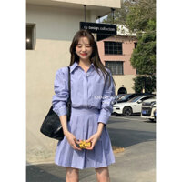𝟏𝟎𝟗𝐜𝐦 Set áo sơ mi phối chân váy xếp ly kẻ sọc xanh trắng 23201 (ảnh thật)