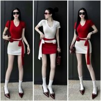 🛒 Set Áo Tay Ngắn Cổ V Và Chân Váy Bút Chì - Phối Dây Bản Rời Xỏ Eo Đính Hoa - Ngắn Ôm Body Sexy - Tiểu Thư Bánh Bèo
