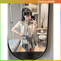 🎀 Set áo thun khăn quàng + chân váy xếp ly – Outfit hot trend nàng nào cũng nên có 🎀