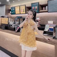 🌼 SET ÁO VÀNG CHẤM BI CỔ NƠ + QUẦN KEM 🌼