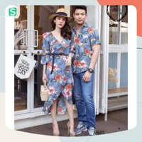 ⛱ Set áo váy đôi in hoa xẻ tà đẹp (không kèm belt) Giá rẻ