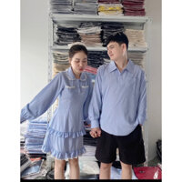 💕 Set áo váy đôi xanh sọc dễ thương - YH Couple