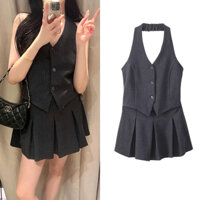 𝐋𝐨𝐥𝐢𝐬𝐭𝐨𝐫𝐞 - Set Áo Gile nữ cổ yếm liền thân kẻ sọc chân váy xòe xếp ly