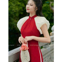 * Set bộ áo dài cách tân thời trang nữ mặc đi chơi chất lụa nhung cổ tàu tay ngắn phồng xẻ lai quần ống rộng bo thun