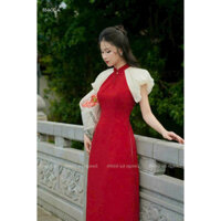 * Set bộ áo dài cách tân thời trang nữ mặc đi chơi chất lụa nhung cổ tàu tay ngắn phồng xẻ lai quần ống rộng bo thun