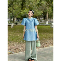 * Set bộ thời trang nữ mặc đi chơi chất tapta cổ tròn tay ngắn phồng quần lụa ống rộng bo thun dáng maxi siêu xinh