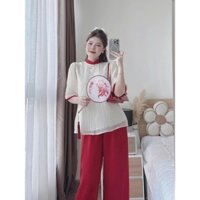 * Set bộ thời trang nữ mặc đi chơi chất tơ 2 lớp cổ tàu tay ngắn quần tuyết nhung ống rộng bo thun có túi dáng maxi
