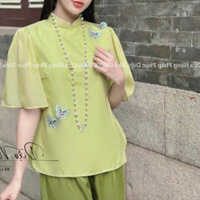 * Set bộ thời trang nữ mặc đi chùa chẩt tơ 2 lớp cổ cổ tàu thêu tay bèo quần ống rộng bo thun dáng maxi siêu xinh