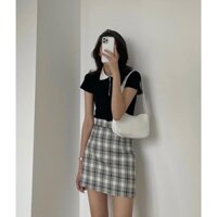 💓 Set chân váy caro sọc phối áo polo dây kéo sọc.