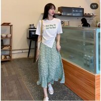 💚  Set chân váy midi hoa + áo pull lệch tà 💚