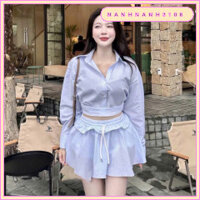 💙 Set kẻ sọc xanh, áo sơ mi croptop dài tay & chân váy dáng xòe rút dây – Phong cách trẻ trung, trendy cho nàng.