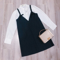🍒 Set New Tag 💯% Áo Somi Trắng Form Basic Hàng Vnxk + Đầm Yếm 2 Dây Họa Tiết Sọc Trendy 🍒