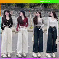 ✨ Set Quần Jeans Ống Rộng Kèm Áo Thun Cổ V Tay Dài – Phong Cách Thời Trang Năng Động