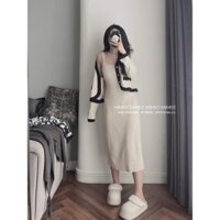 🌺  SET VÁY 2 DÂY NHUNG TĂM KÈM ÁO KHOÁC CADIGAN