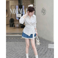 * Set váy thời trang nữ mặc đi chơi chất kate lụa cổ sơ mi đính nút giữa có dây nơ eo tay dài chân váy jean dáng mini