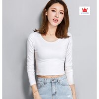 [ Siêu Sale ] Áo Thun Croptop Cổ Tròn Dài Tay Dáng Ôm Body, Vải Co Giãn Màu Trơn Basic Trẻ Trung