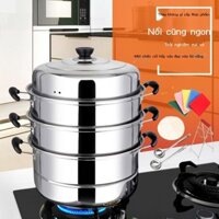 [ Siêu Tiết kiệm] 28-40Cm Nồi Hấp Inox 3 Lớp Nhiều Lớp Dày Nồi Canh Bun Hấp Hấp Lưới Bếp Gas Âm cảm