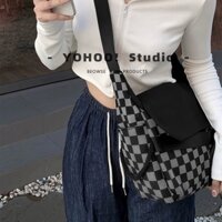 [ Siêu Tiết kiệm] YOHOO/KUSA INS họa tiết kẻ ca rô màu xám và đen đa năng Nhật Bản Túi đeo chéo na