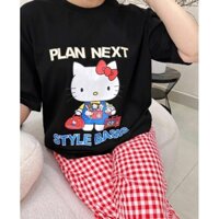 ( tặng 1 quần legging) Bộ Đồ Nữ Hello Kitty - Quần Kẻ Vải Thô & Áo Thun Coton Co Giãn 4 Chiều