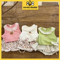 ( Tặng kèm bờm nơ) Sét bộ áo ba lỗ tăm gân + chân váy thô hoa nhí, sét váy mùa hè cho bé gái từ 5-15kg