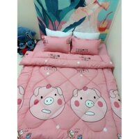 [ Tặng Kèm Gối Ôm] Trọn Bộ Chăn Phao Ga Gối Poly Cotton 5 Món Heo Hồng