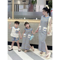 ( TIEN KIDS ) Set bộ quần áo / đầm suông đồ đôi kẻ sọc ngang đắp túi Bé Trai Bé Gái Gia Đình 10 - 35kg và 45-60k