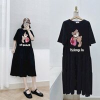 ☘ TkuTrang☘️ĐẦM VÁY BẦU SANG CHẢNH V857 DÁNG CHỮ A GẤU THÊU CHÂN XẾP LY THIẾT KẾ THANH LỊCH XINH XẮN FREESIZE