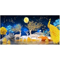 - TRANH THÊU KÍN PHONG CẢNH HƯƠU NAI TÀI LỘC E116 (100X55)   EDB116 (150X70)  -  TRANH CHƯA THÊU