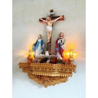 ( Trọn bộ ) bàn thờ thiên chúa kệ hoa gỗ pơmu (60x30 )|Tượng composit Đức Mẹ Thánh giuse cây thánh giá tượng 40| Đèn thờ