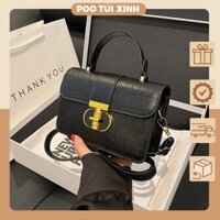 [ Túi Xách Nữ ] Túi Đeo Chéo - Xách Tay -, Túi hộp trần khóa tròn , size 20 , chất da vân