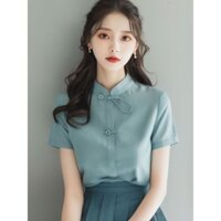 ❈ ❈ Tỷ lệ thay thế 50% Phong cách Trung Quốc mới Áo kiểu nút phong cách quốc gia Thiết kế nữ Sense Niche 2024 Áo tay ngắn cổ dọc độc đáo 2502V24