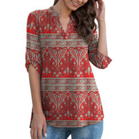 / Ty / Phong cách giản dị dành cho nữ Áo sơ mi viền cong in hoa cổ chữ V Áo cho nữ Áo sơ mi tay nhẹ 3 / 4 viền chảy hoàn hảo để mặc hàng ngày Thời trang Đông Nam