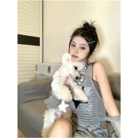 𝒀𝒂𝒏𝒚𝒂𝒏 Uiowoo mesh set Đầm Không Tay Thêu Ngôi Sao Phong Cách Đường Phố y2k Cho Nữ