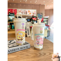 ⚡ Vận chuyển nhanh ⚡ Cốc giữ nhiệt SpongeBob, cốc cà phê dung tích lớn, chai nước cặp đôi hoạt hình dễ thương, mẫu mới có ống hút, cốc di động