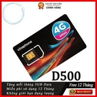 [ VINA 1 NĂM ] SIM VINAPHONE 4G GÓI D500 5GB/THÁNG KHÔNG CẦN NẠP TIỀN, TRỌN GÓI 1 NĂM