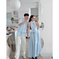 [ VYVY COSET] Cặp áo đôi nam nữ xanh pastel Áo sơ mi tay ngắn Và Váy dài kèm khăn dạo phố, du lịch
