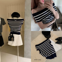 / WGWE / Áo Trễ Vai Len Kẻ Ngang Dáng Ngắn Đính Cúc Ngắn Tay W3181#