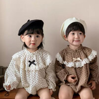 0-2 Tuổi Bé Full In Chấm Bi Cổ Ren Nơ Công Chúa Dài Tay Thu Đông Sợi Cotton Jumpsuit