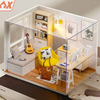 008' Nhà búp bê Tự làm bằng gỗ  STUDY ROOM có nội thất & đèn led.  Tặng khung MICA + Kéo Nhip Keo tỉ lệ