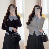 0112 Áo sơ mi phối cadigan thêu logo len tăm 2 lớp tay dài, Áo Khoác Cadigan Phối Sơ Mi Siêu Xinh Mặc Đi Làm Đi Chơi