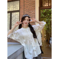 [0191] Áo sơ mi nữ kiểu cổ tàu xếp li phối tay bèo lửng dáng rộng phong cách Uzzlang Hàn Quốc cho nữ