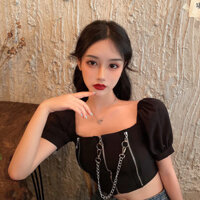 0314 Áo thun nữ tay phồng ngắn, ôm sát, eo cao cho nữ chủ nhà, áo crop top nhảy sexy mùa hè